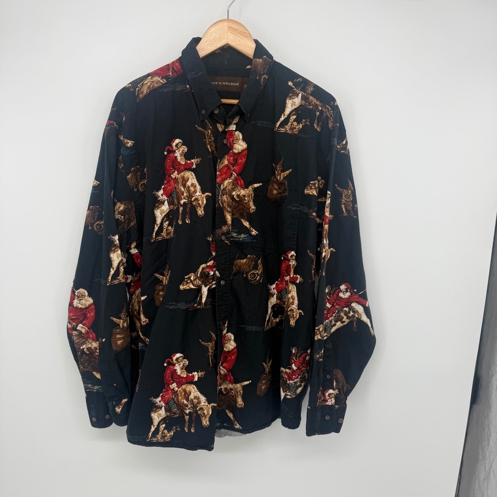 Bit & Bridle Mens XL Black Cotton Santa Bull Riding Western Christmas Shirt